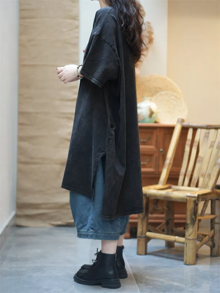 Women Summer Pure Color Split Hem O-Neck Cotton Dress