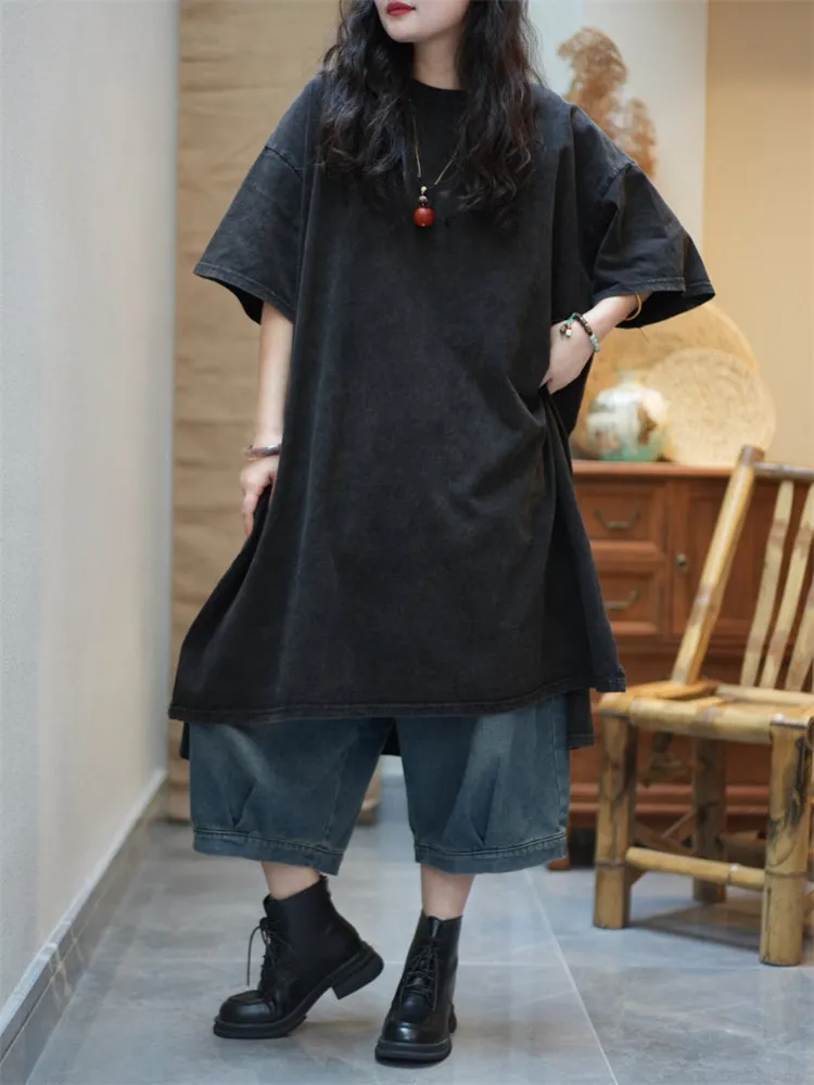 Women Summer Pure Color Split Hem O-Neck Cotton Dress