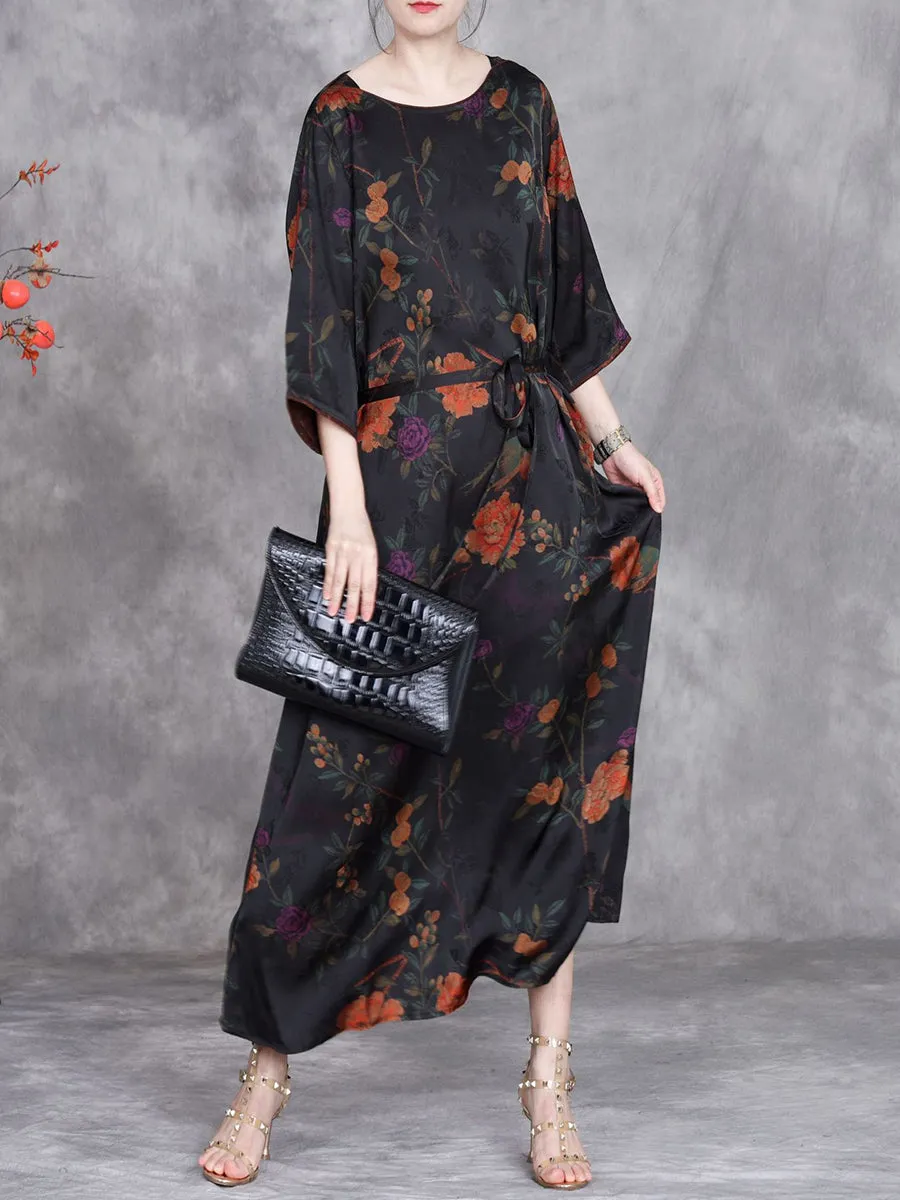 Women Summer Vintage Flower O-Neck Loose Dress