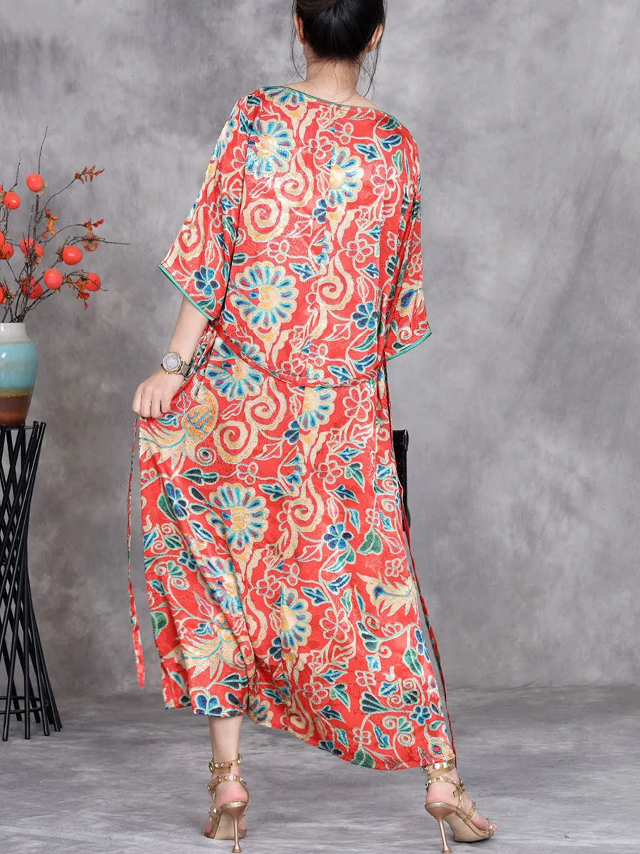 Women Summer Vintage Flower O-Neck Loose Dress