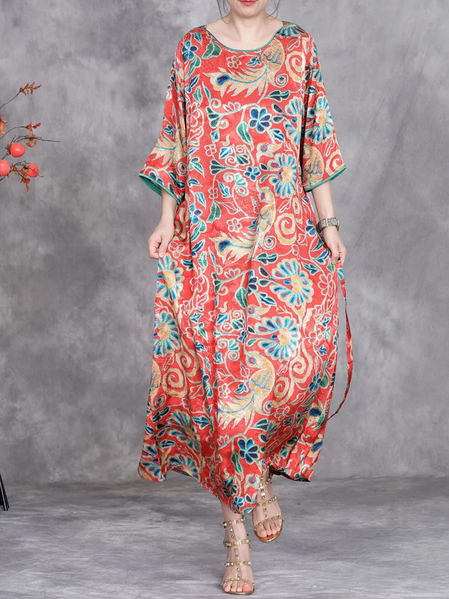 Women Summer Vintage Flower O-Neck Loose Dress