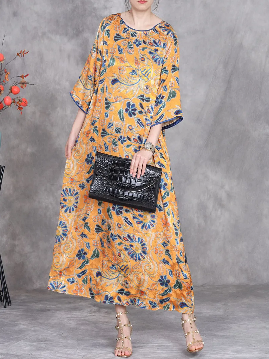 Women Summer Vintage Flower O-Neck Loose Dress