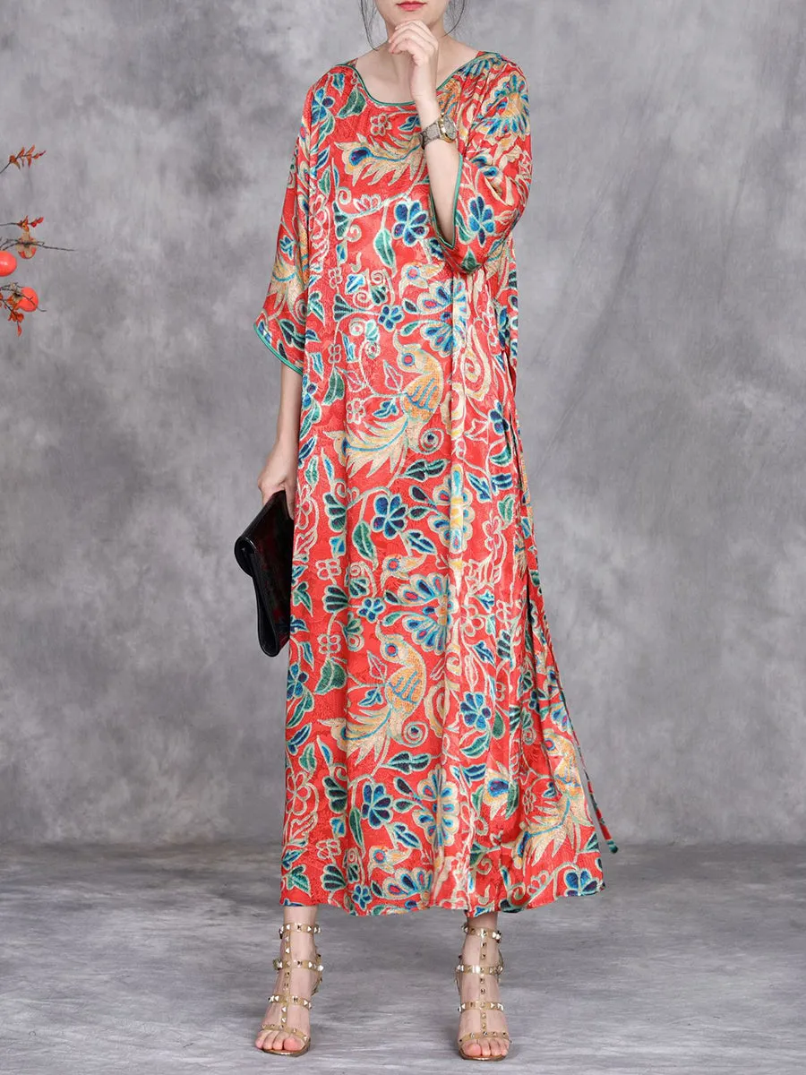 Women Summer Vintage Flower O-Neck Loose Dress