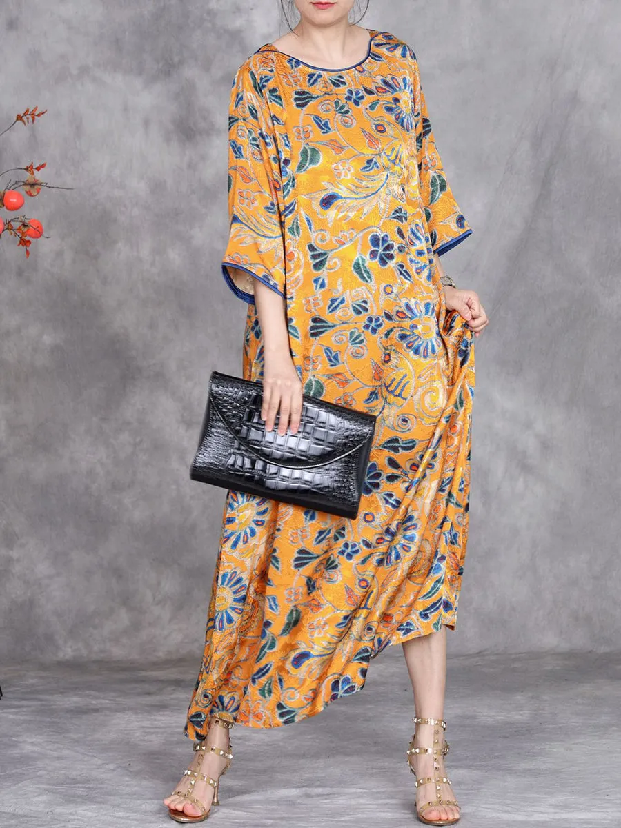 Women Summer Vintage Flower O-Neck Loose Dress