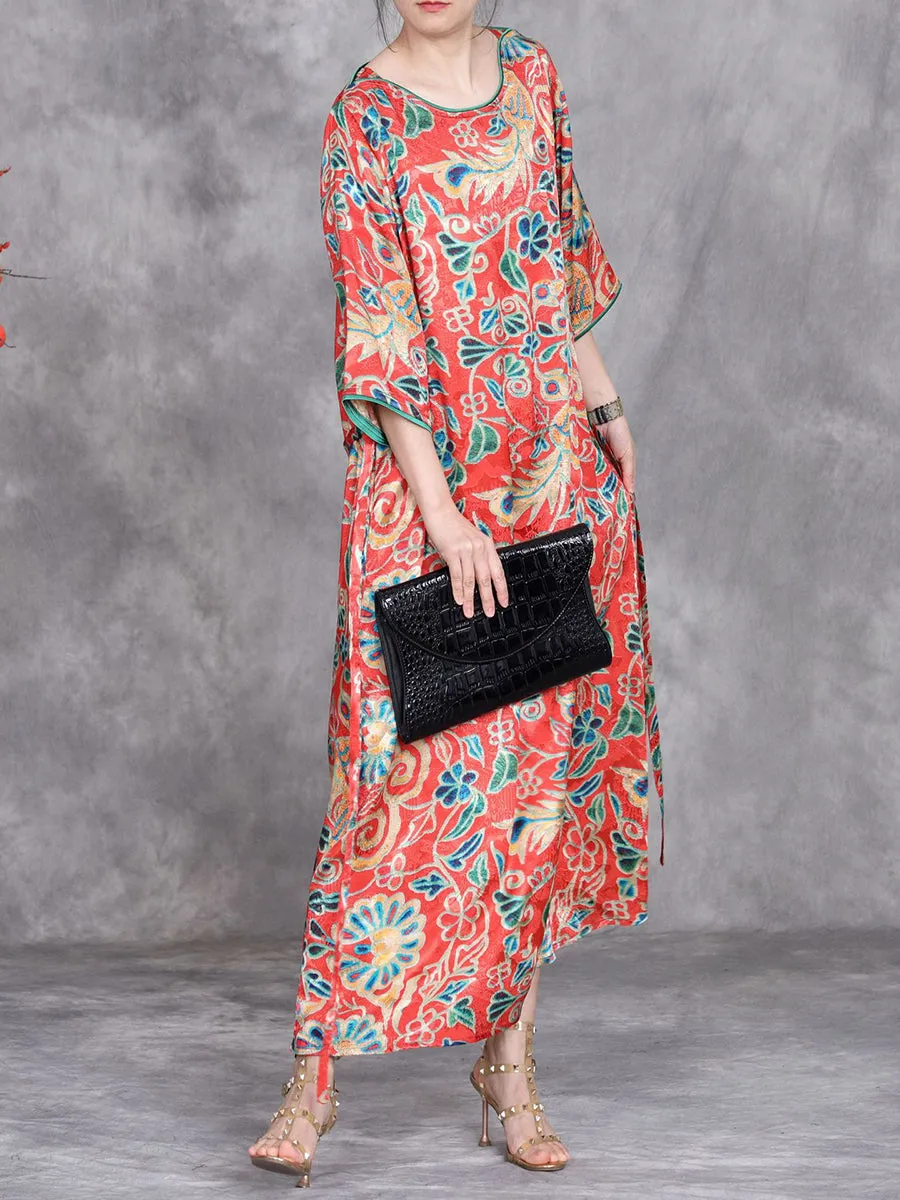 Women Summer Vintage Flower O-Neck Loose Dress