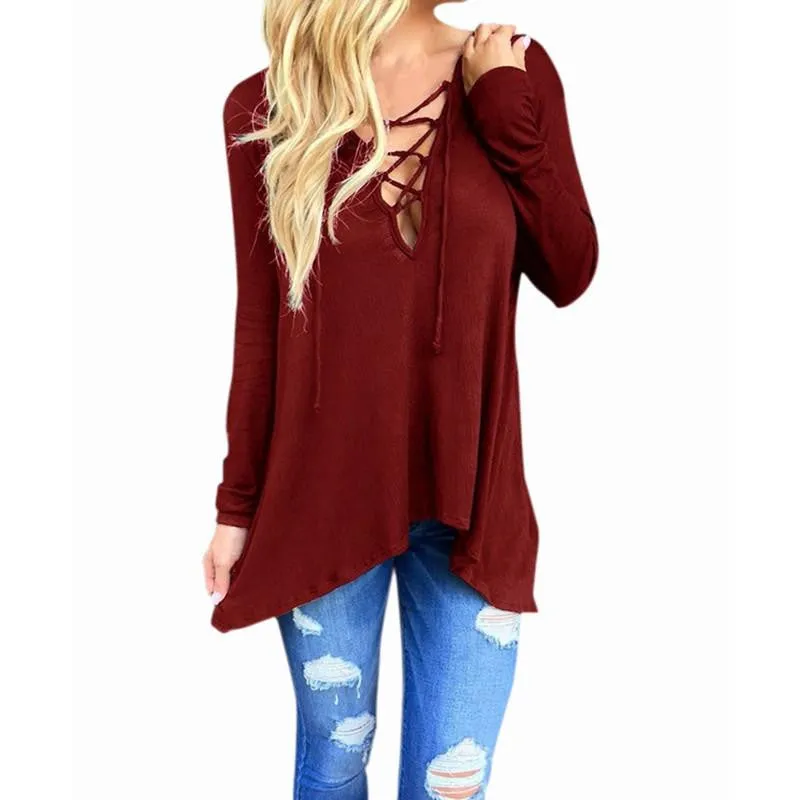 Women V Neck Irregular Blouses Shirts Ladies Casual Loose Hooded Solid Long Sleeve Tops
