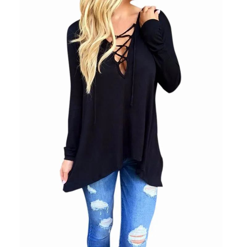 Women V Neck Irregular Blouses Shirts Ladies Casual Loose Hooded Solid Long Sleeve Tops