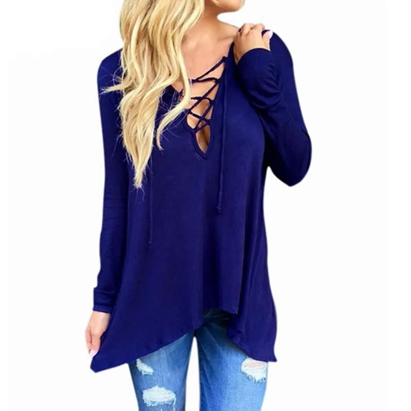 Women V Neck Irregular Blouses Shirts Ladies Casual Loose Hooded Solid Long Sleeve Tops