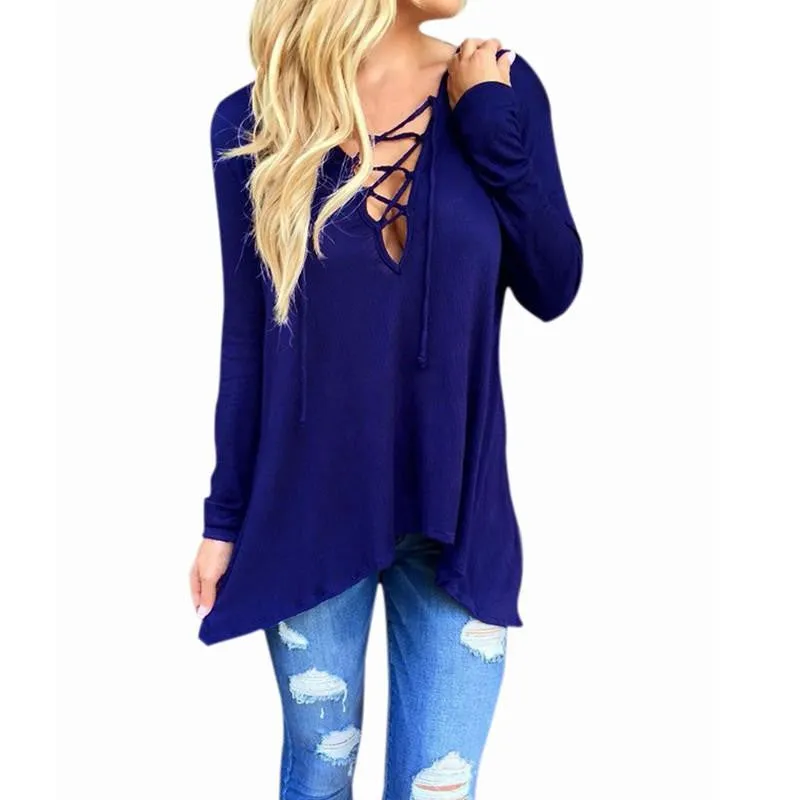 Women V Neck Irregular Blouses Shirts Ladies Casual Loose Hooded Solid Long Sleeve Tops