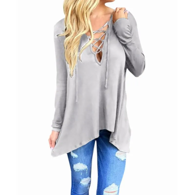 Women V Neck Irregular Blouses Shirts Ladies Casual Loose Hooded Solid Long Sleeve Tops