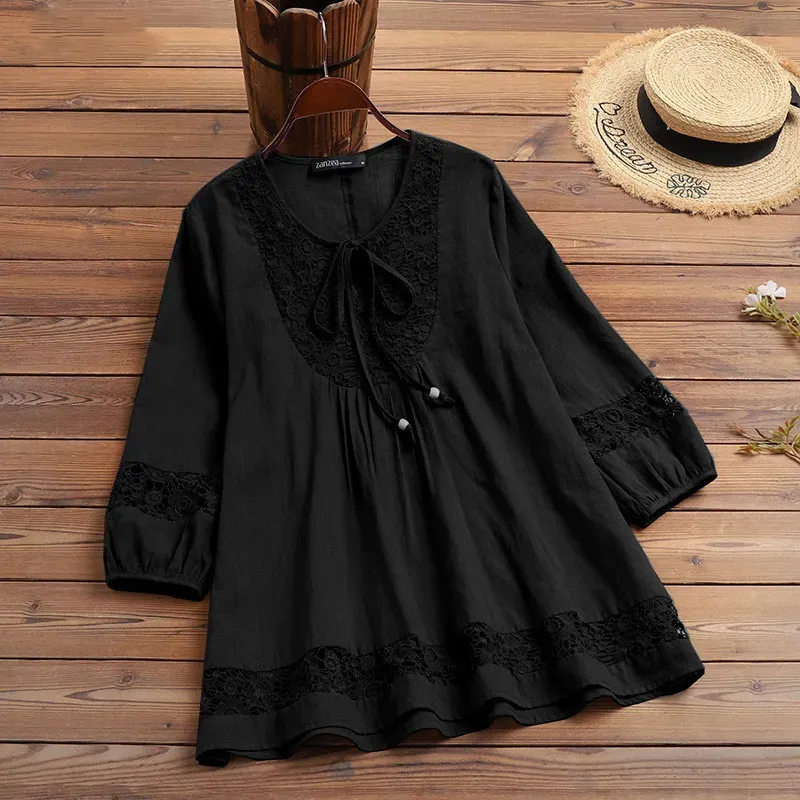 Women’s Casual Solid Color Cotton and Linen Stitching Lace Long Sleeve Loose Blouse