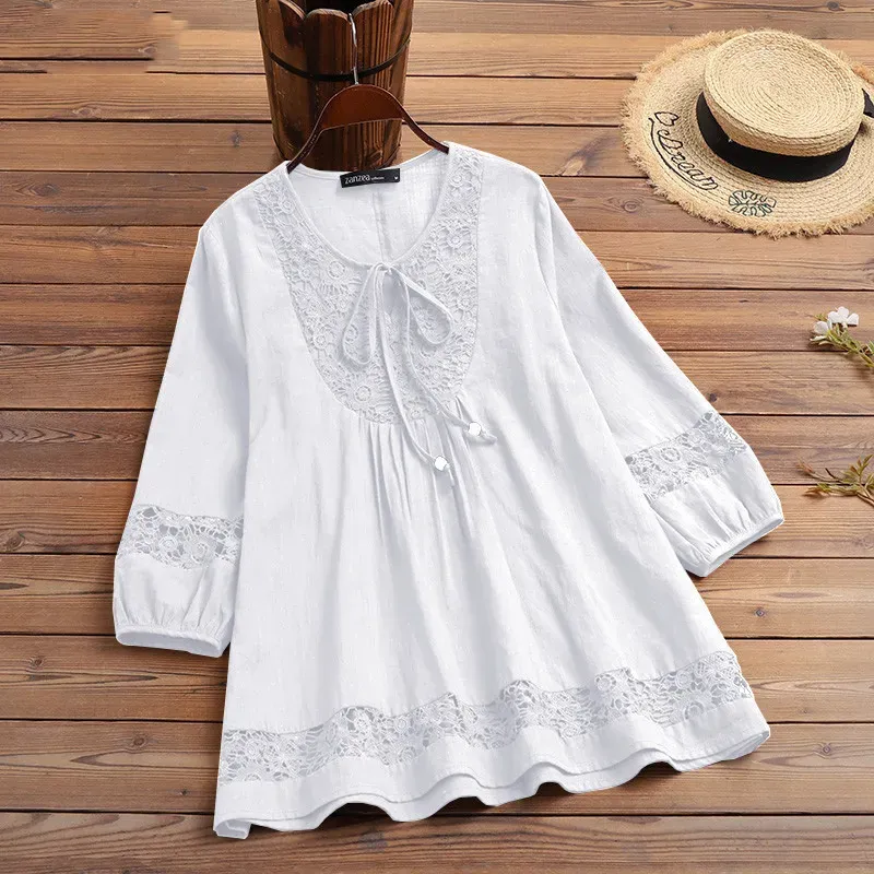 Women’s Casual Solid Color Cotton and Linen Stitching Lace Long Sleeve Loose Blouse