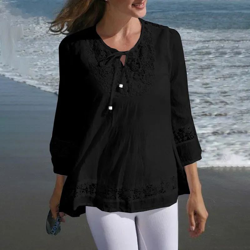 Women’s Casual Solid Color Cotton and Linen Stitching Lace Long Sleeve Loose Blouse