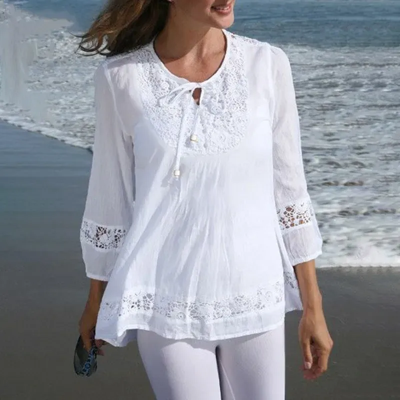 Women’s Casual Solid Color Cotton and Linen Stitching Lace Long Sleeve Loose Blouse