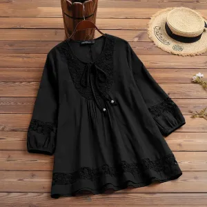 Women’s Casual Solid Color Cotton and Linen Stitching Lace Long Sleeve Loose Blouse