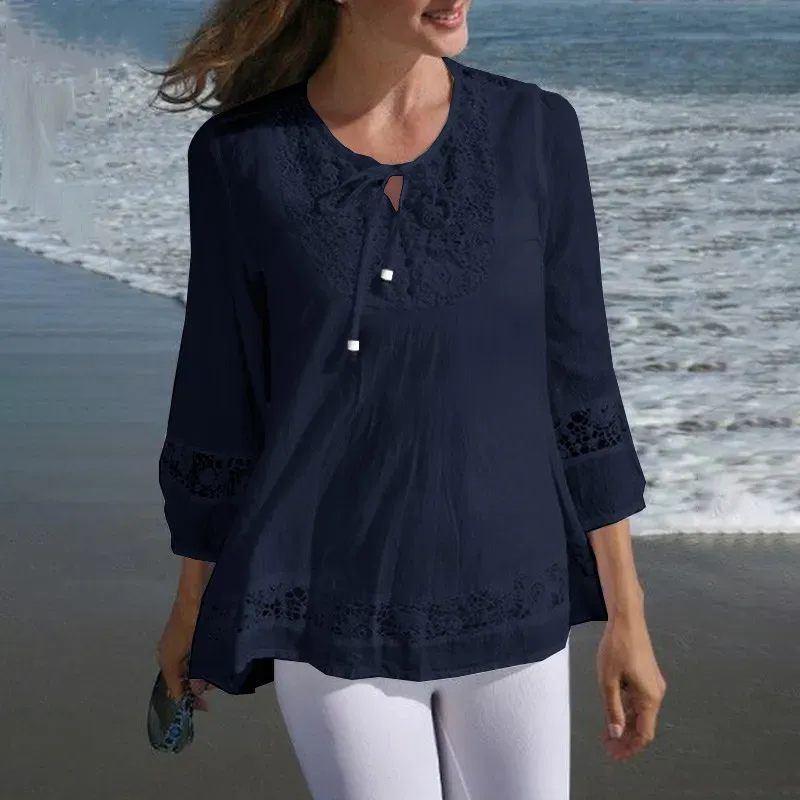 Women’s Casual Solid Color Cotton and Linen Stitching Lace Long Sleeve Loose Blouse