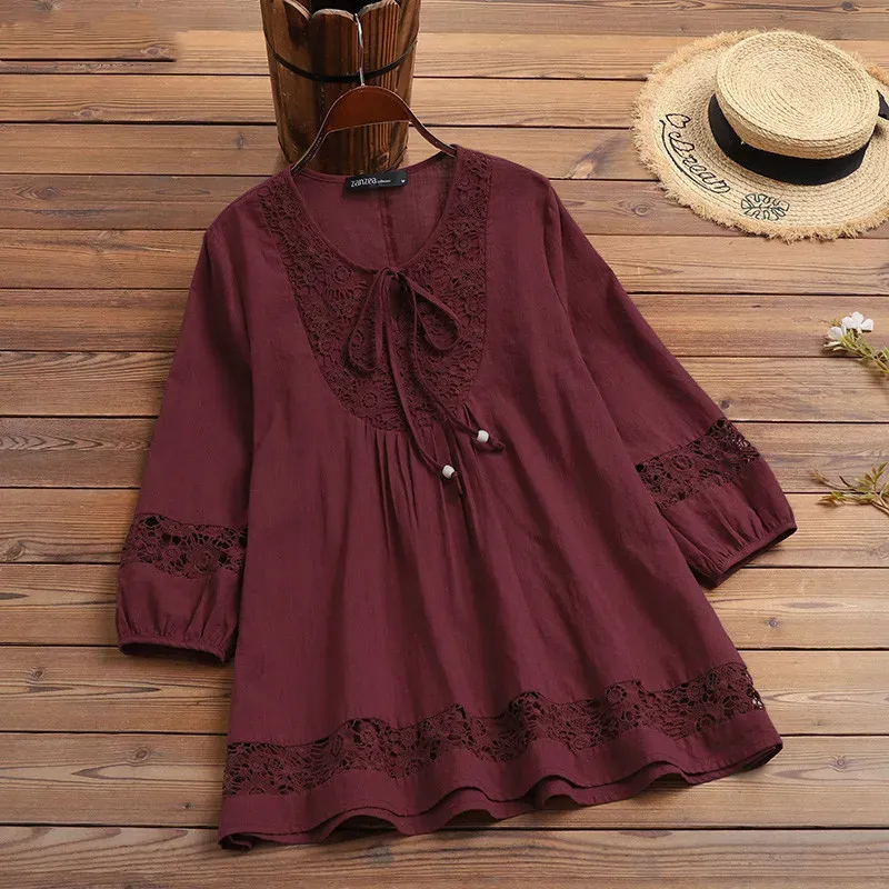 Women’s Casual Solid Color Cotton and Linen Stitching Lace Long Sleeve Loose Blouse