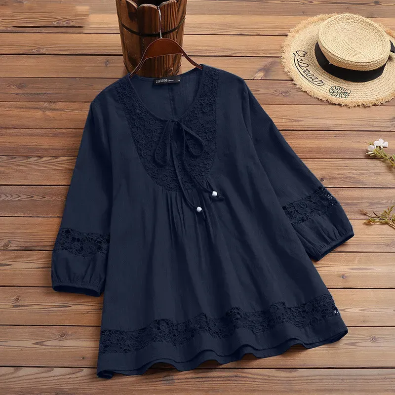 Women’s Casual Solid Color Cotton and Linen Stitching Lace Long Sleeve Loose Blouse