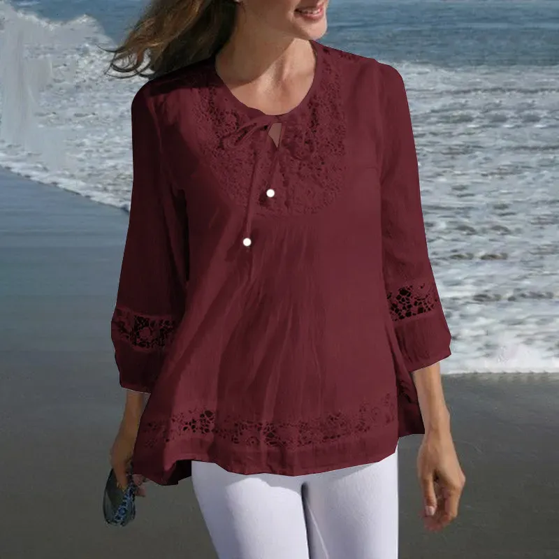 Women’s Casual Solid Color Cotton and Linen Stitching Lace Long Sleeve Loose Blouse