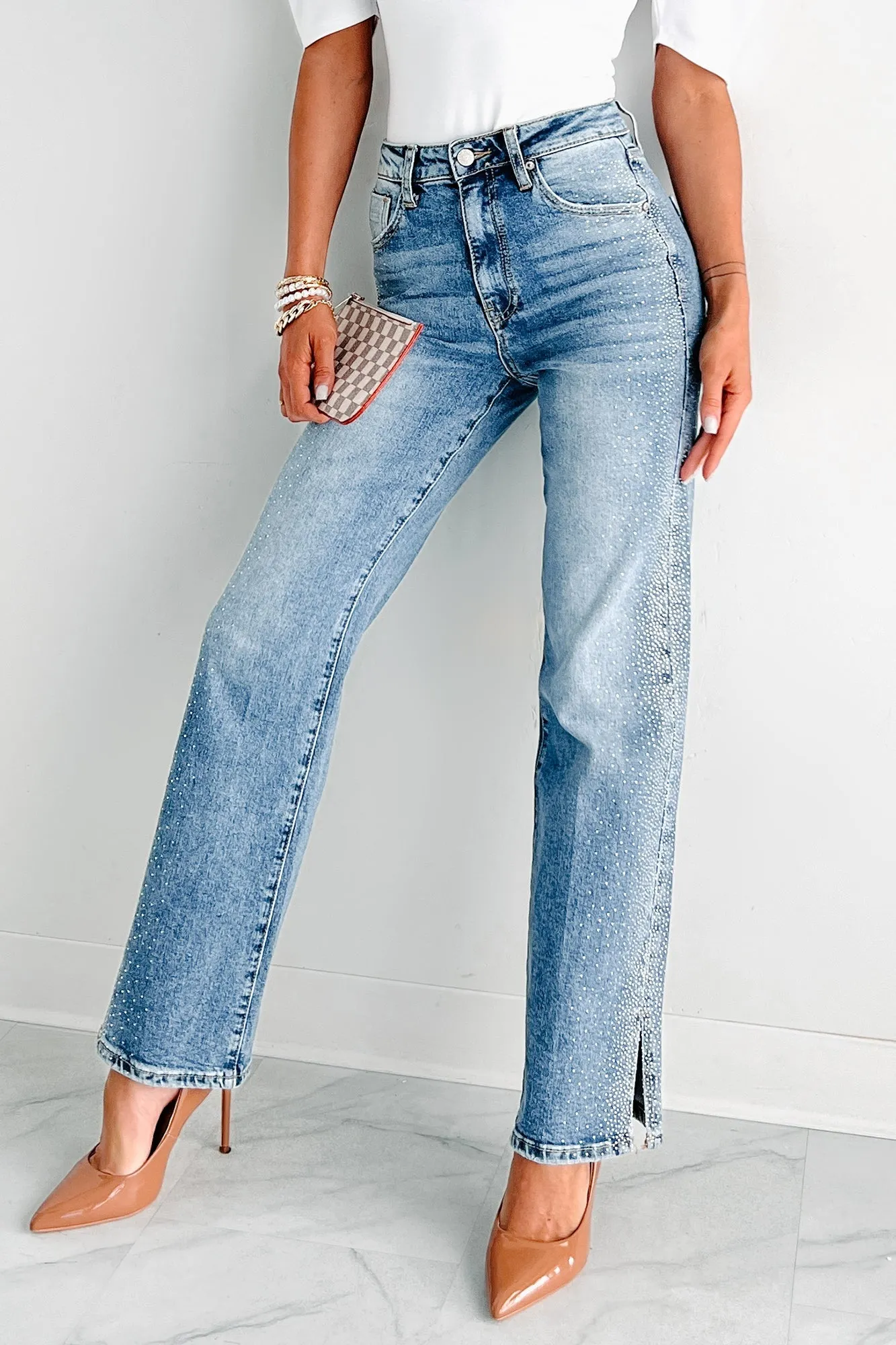 Women's High Rise Rhinestone Straight Leg Jeans with Elegant Embellishments