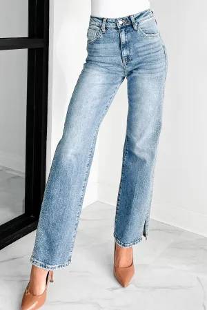 Women's High Rise Rhinestone Straight Leg Jeans with Elegant Embellishments