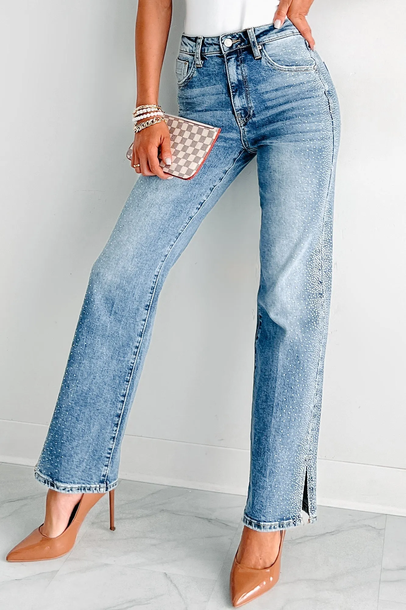 Women's High Rise Rhinestone Straight Leg Jeans with Elegant Embellishments