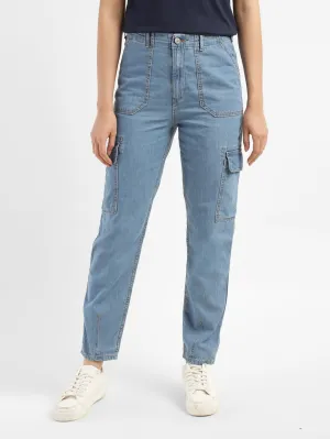 Women's Mid Rise Blue Cargo Jeans