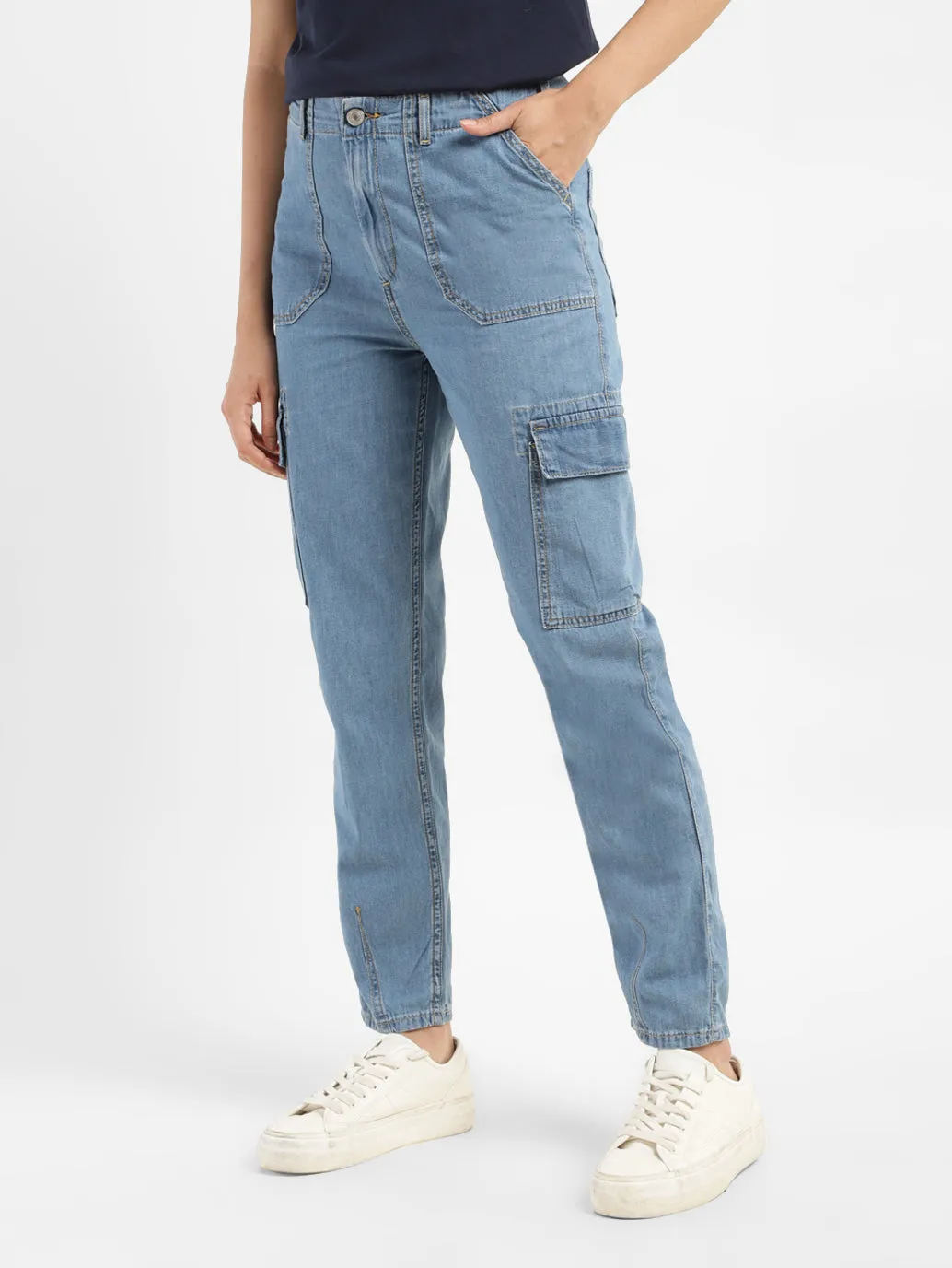 Women's Mid Rise Blue Cargo Jeans