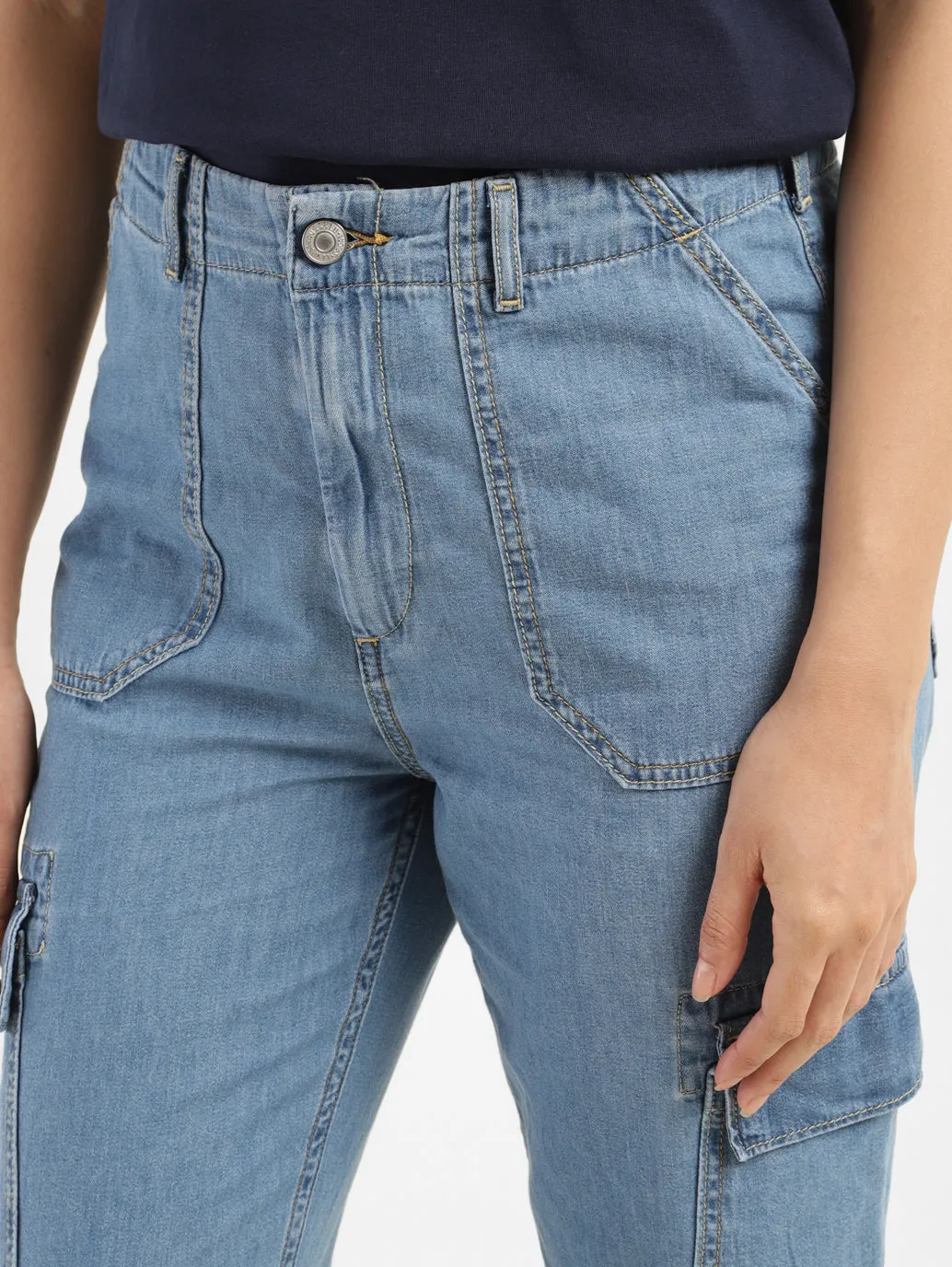 Women's Mid Rise Blue Cargo Jeans