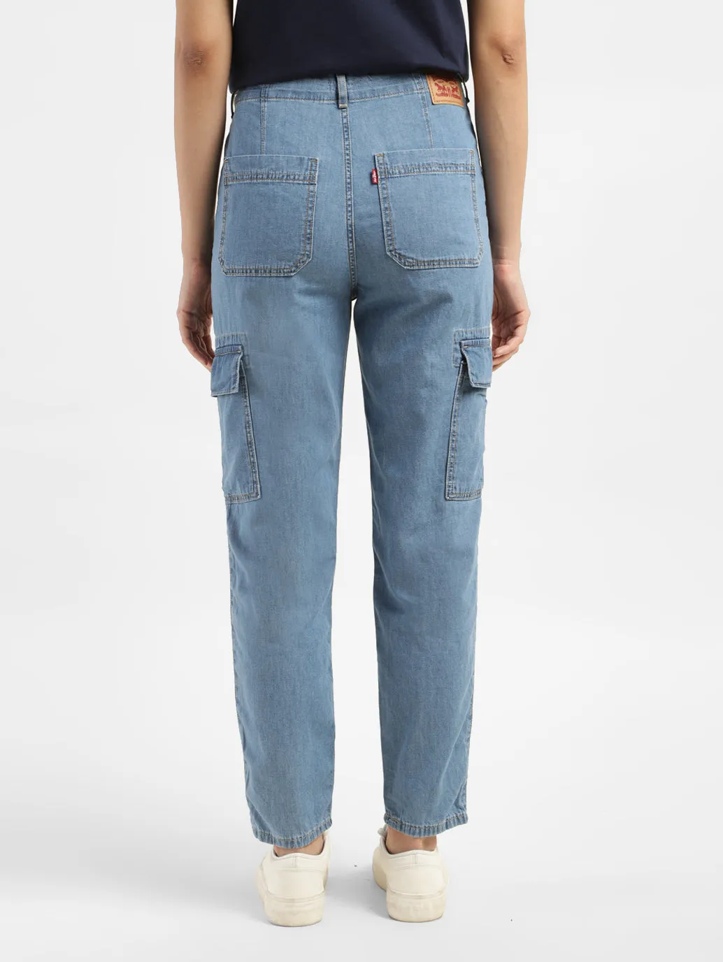 Women's Mid Rise Blue Cargo Jeans