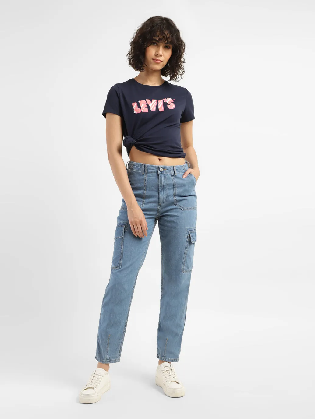 Women's Mid Rise Blue Cargo Jeans