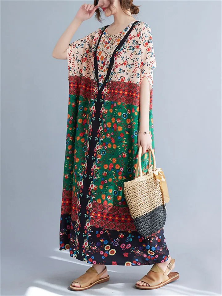Women's Plus Size Round Neck Printing Pockets Dress