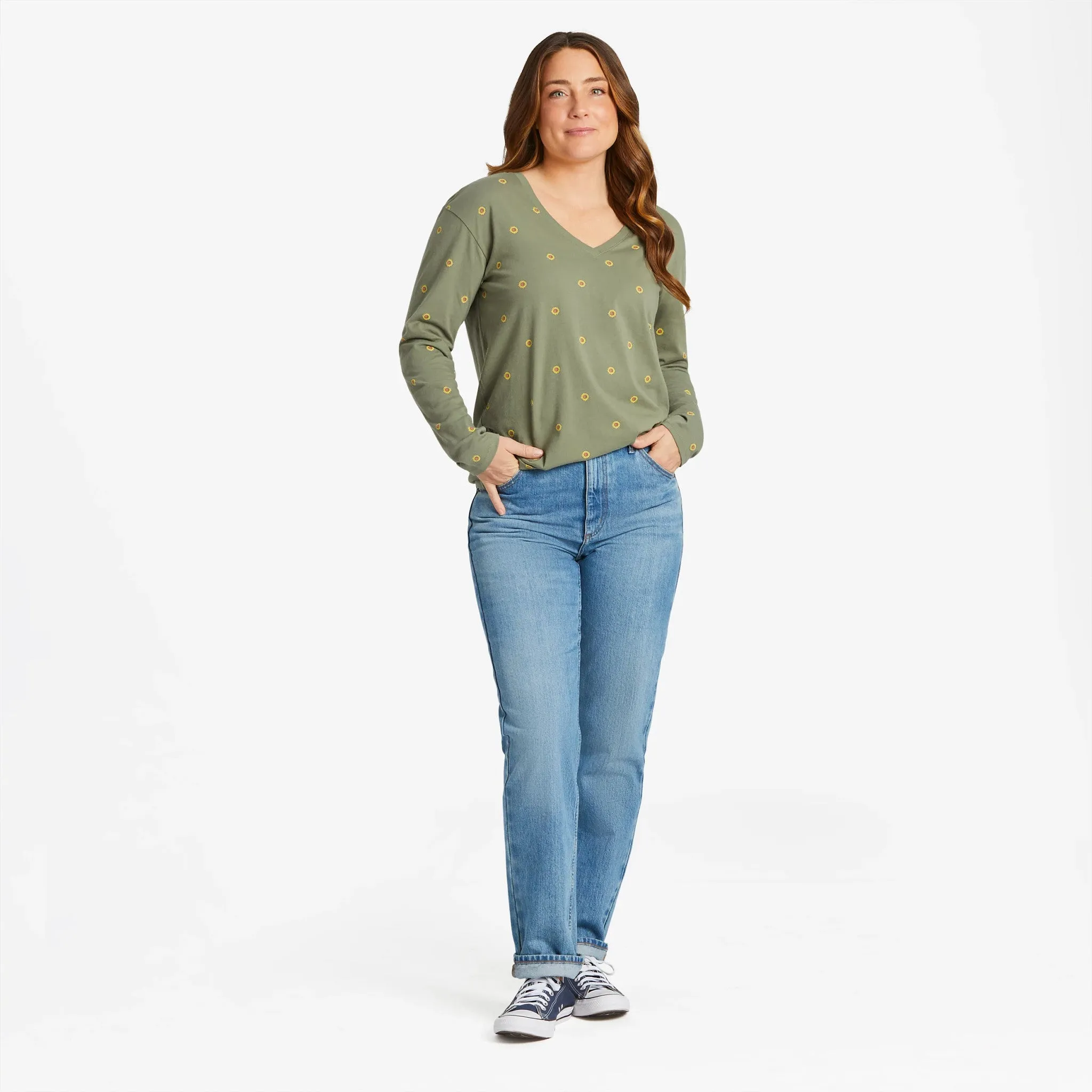 Women's Simple Sunflower Pattern Long-Sleeve Crusher-LITE Easy Vee