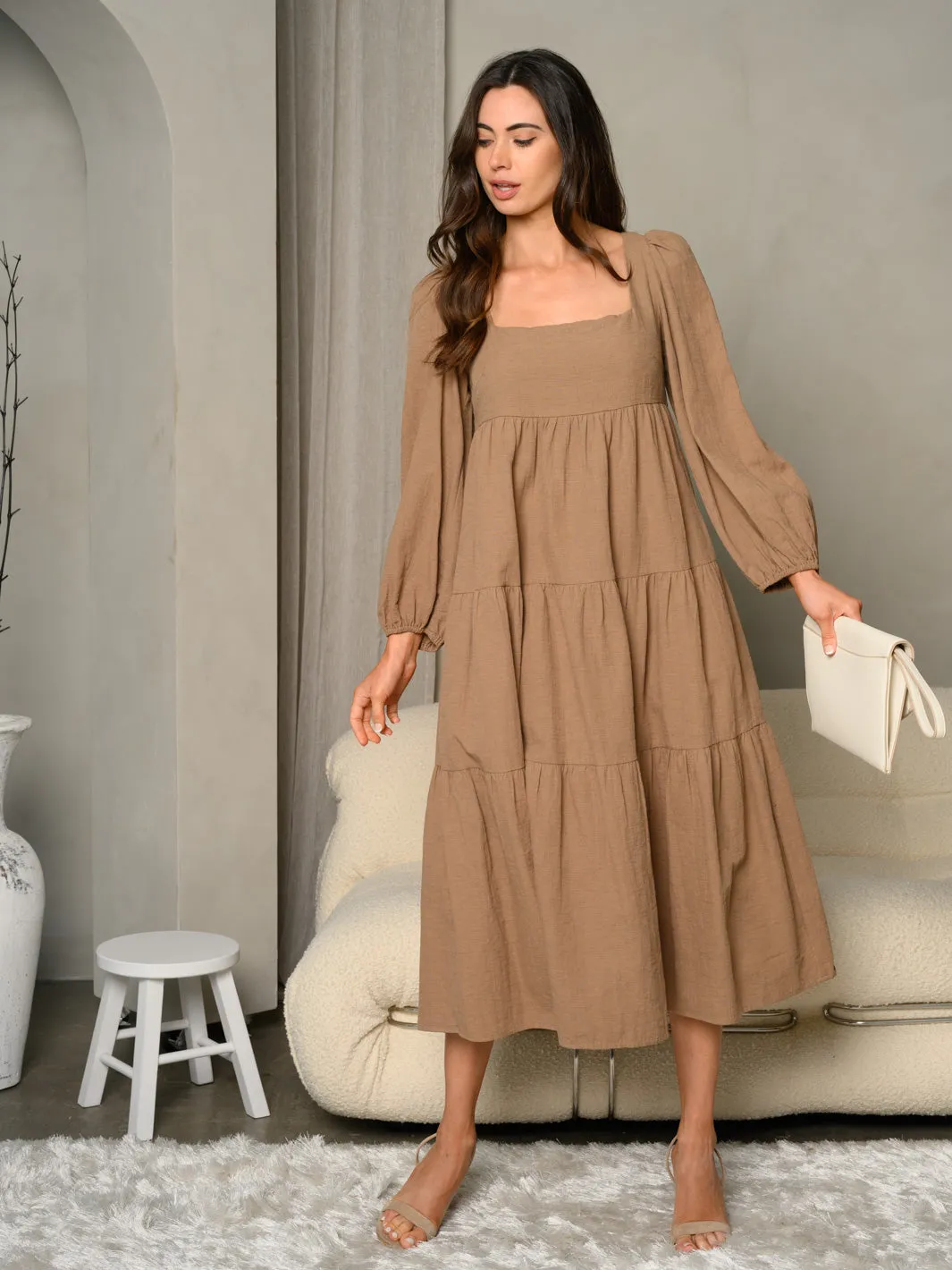 WOMEN'S SQUARE NECK MULTI TIERED LONG SLEEVES BABYDOLL MIDI DRESS