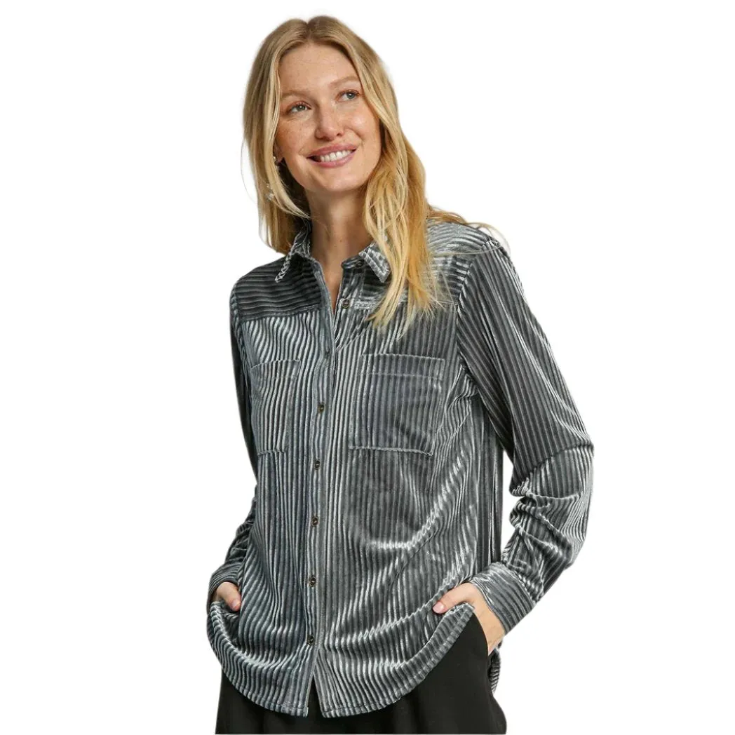 Women's Velvet Textured Button-Down Long Sleeve Shirt