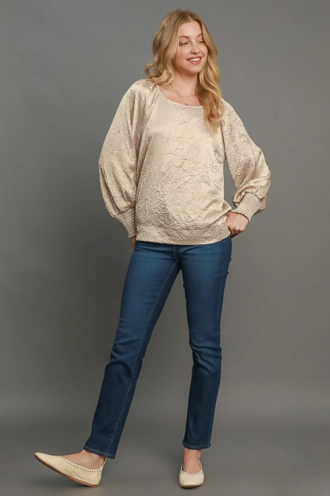Wrinkle Effect Lantern Sleeve Blouse