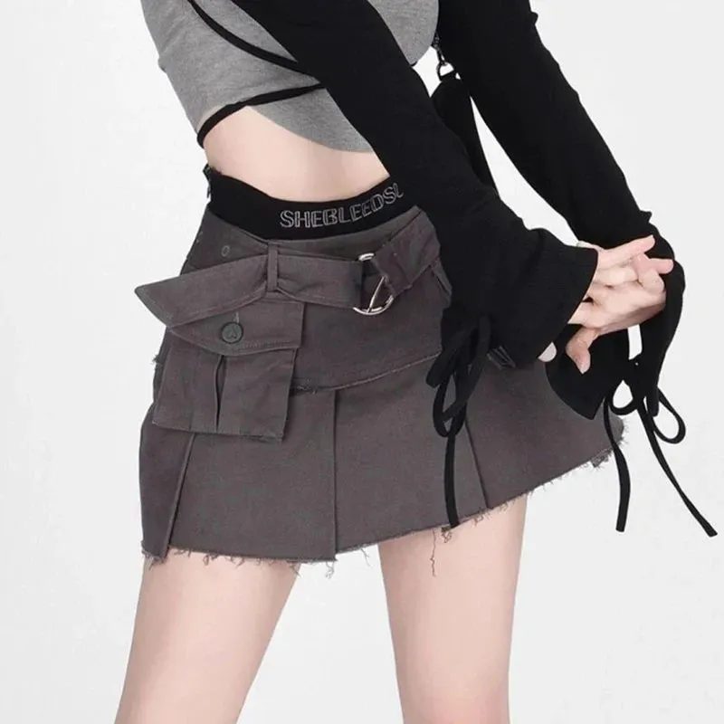 Y2K Denim Cargo Skirts Tassel Women Streetwear Patchwork Pleated Mini Skirt Harajuku High Waist Multi Pocket Jeans A Line Skirts
