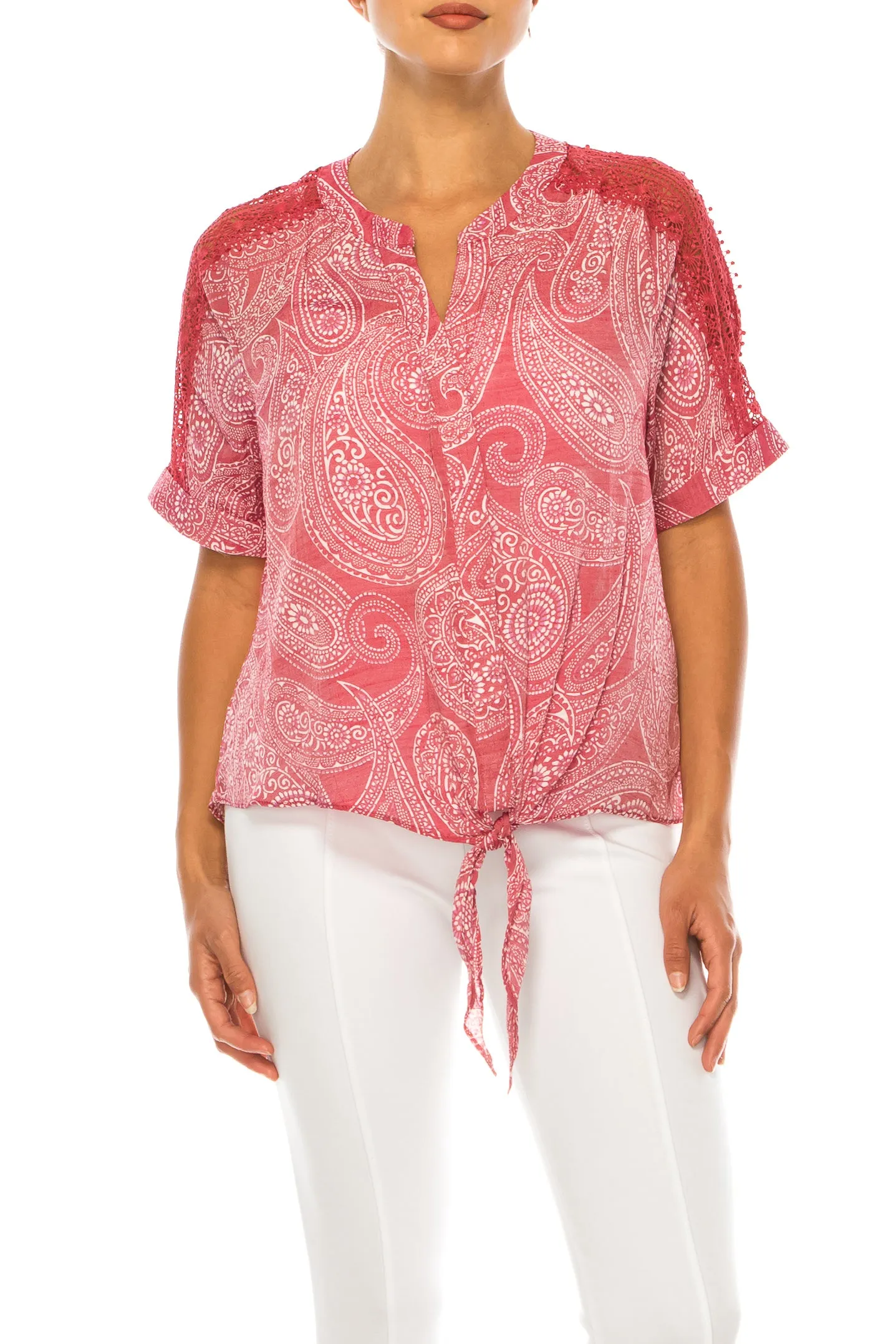 Zac & Rachel Paisley Short Sleeve Tie-Front Top