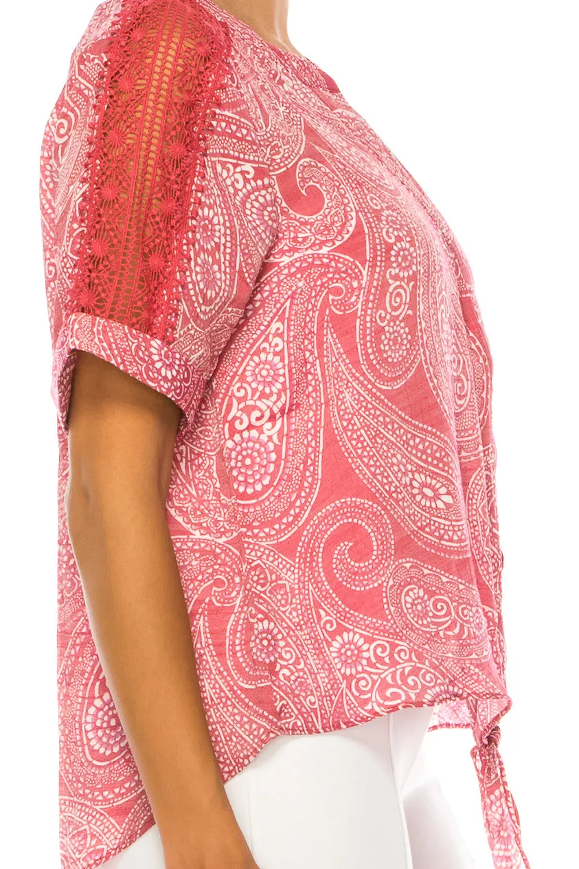 Zac & Rachel Paisley Short Sleeve Tie-Front Top