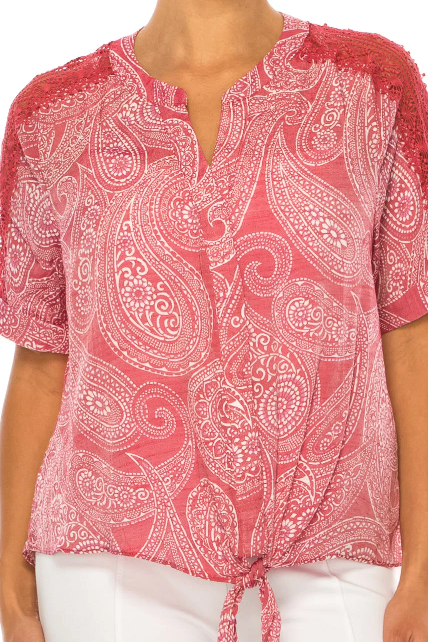 Zac & Rachel Paisley Short Sleeve Tie-Front Top
