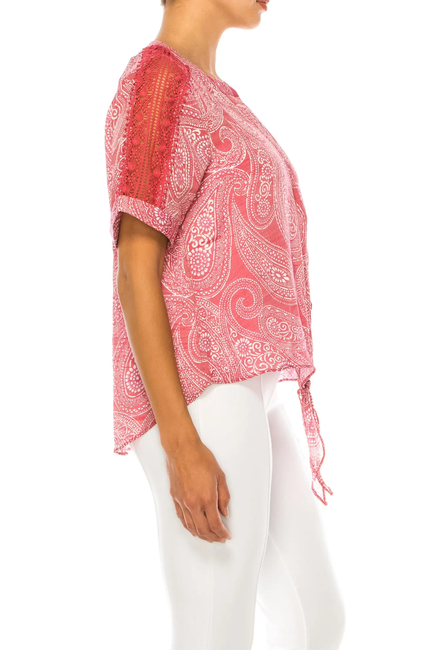 Zac & Rachel Paisley Short Sleeve Tie-Front Top