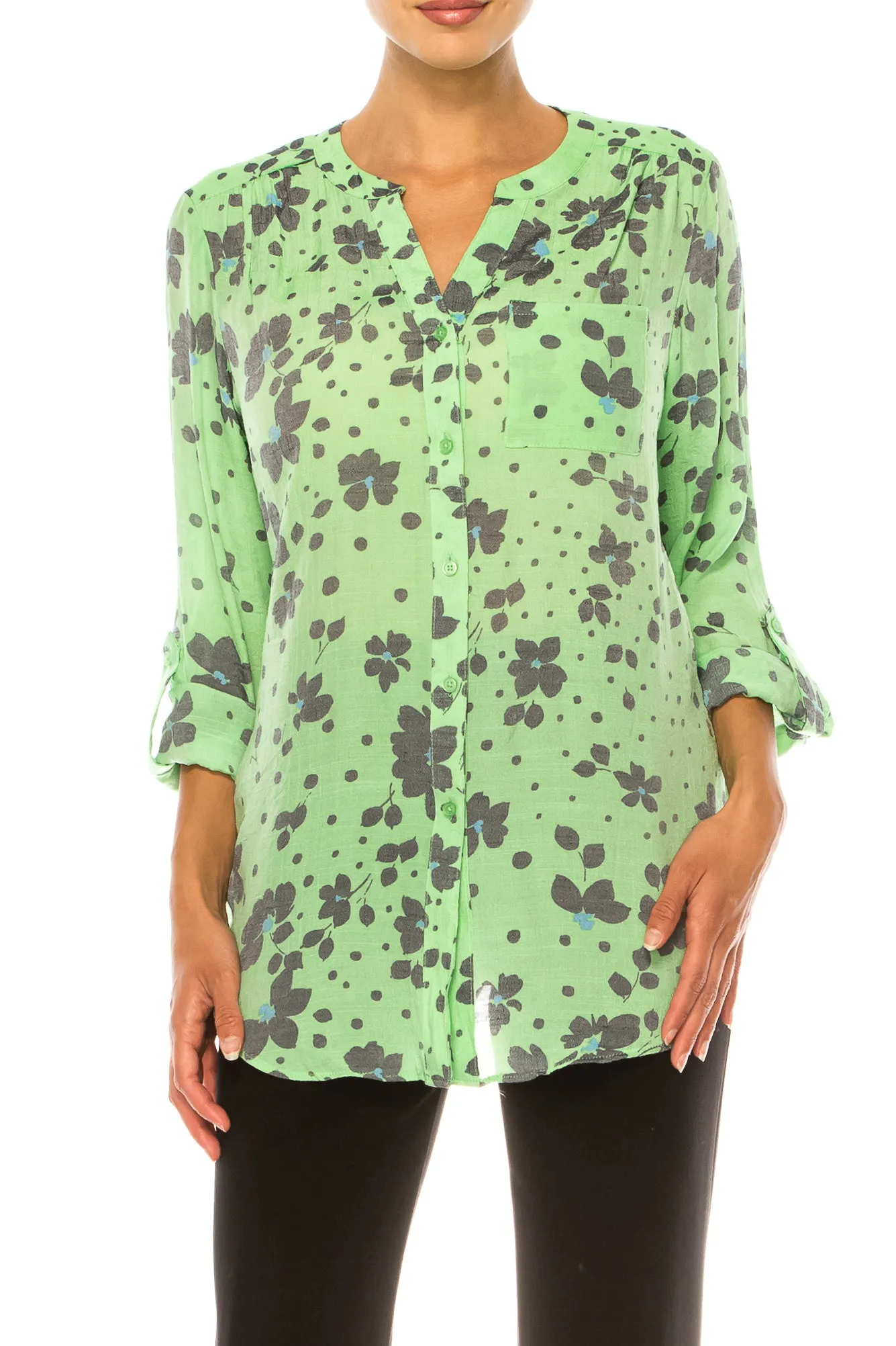 Zac & Rachel Printed 3/4 Sleeve Button Down Top