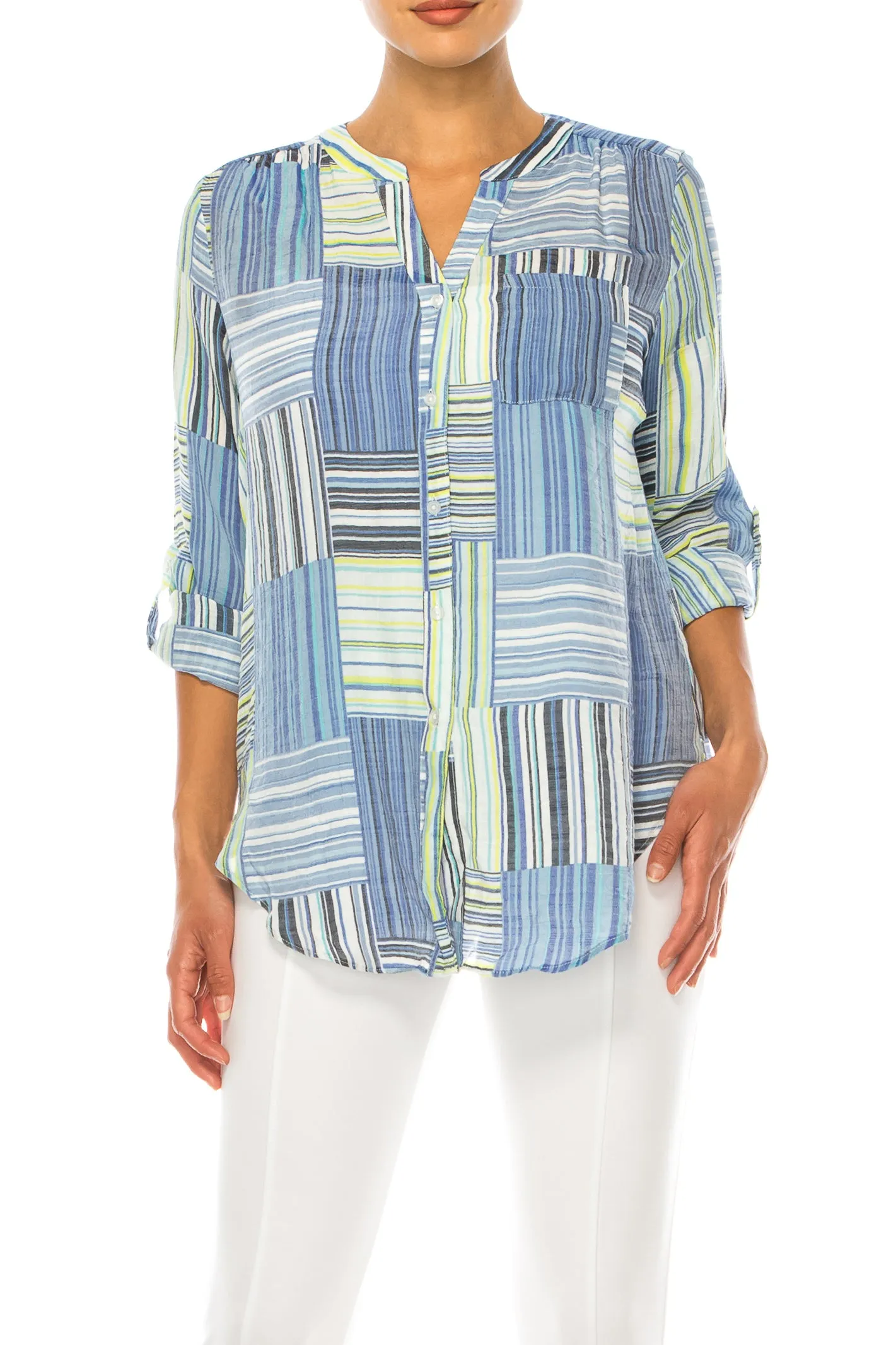 Zac & Rachel Printed 3/4 Sleeve Button Down Top