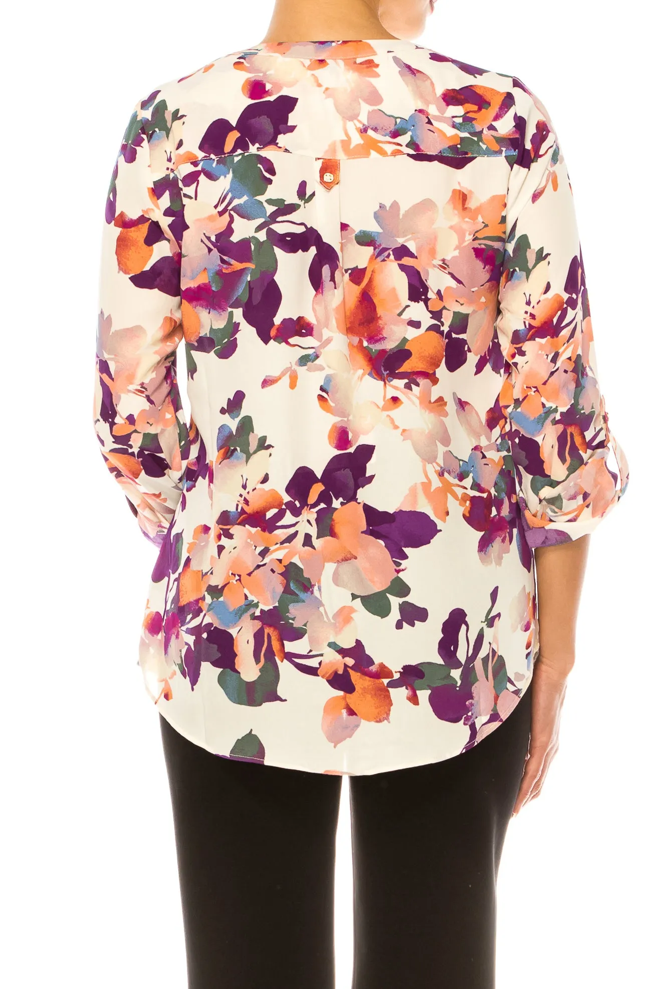 Zac & Rachel Printed Roll-Up Sleeve Split-Neck Top