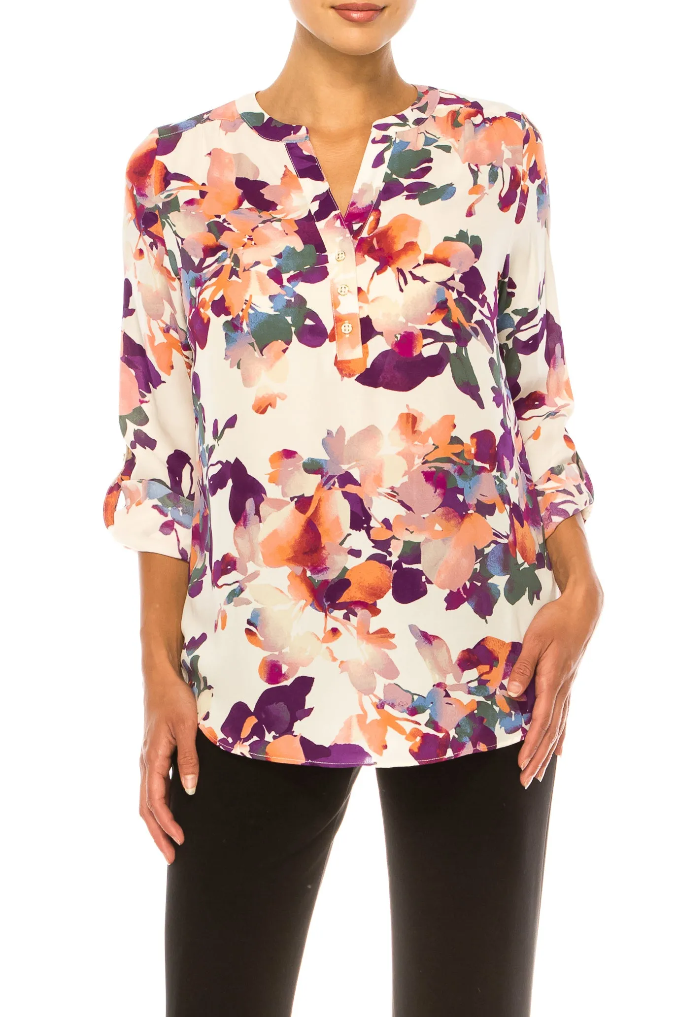 Zac & Rachel Printed Roll-Up Sleeve Split-Neck Top