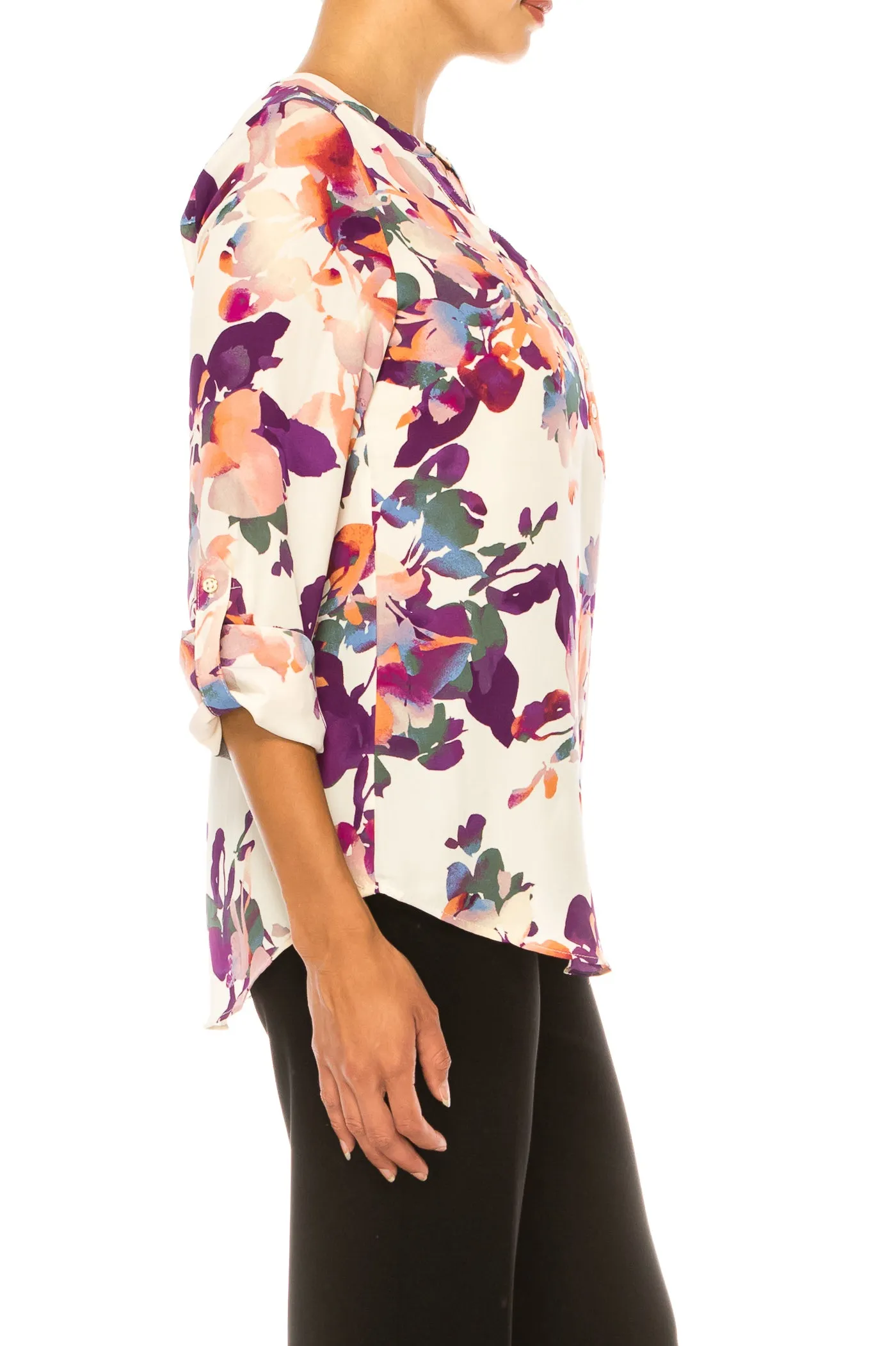 Zac & Rachel Printed Roll-Up Sleeve Split-Neck Top