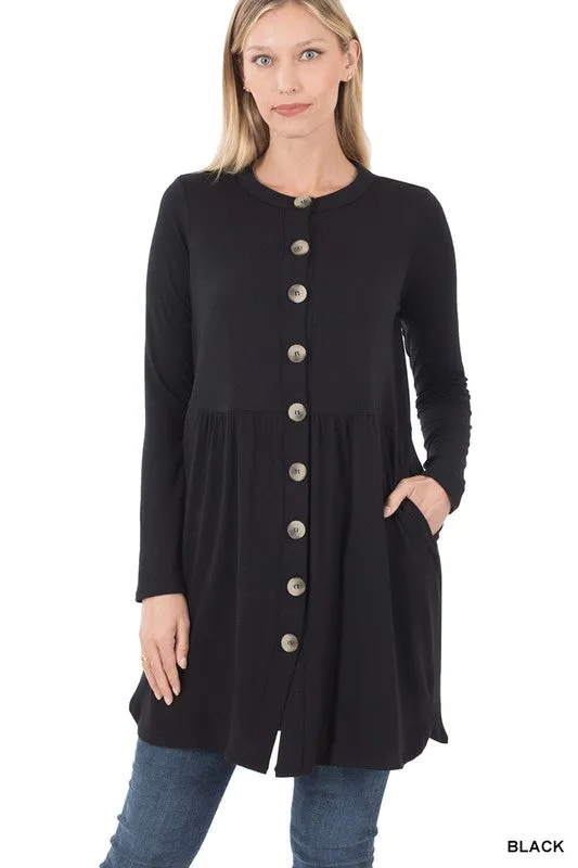 ZENANA Shirred Waist Buttoned Cardigan With Side Pockets