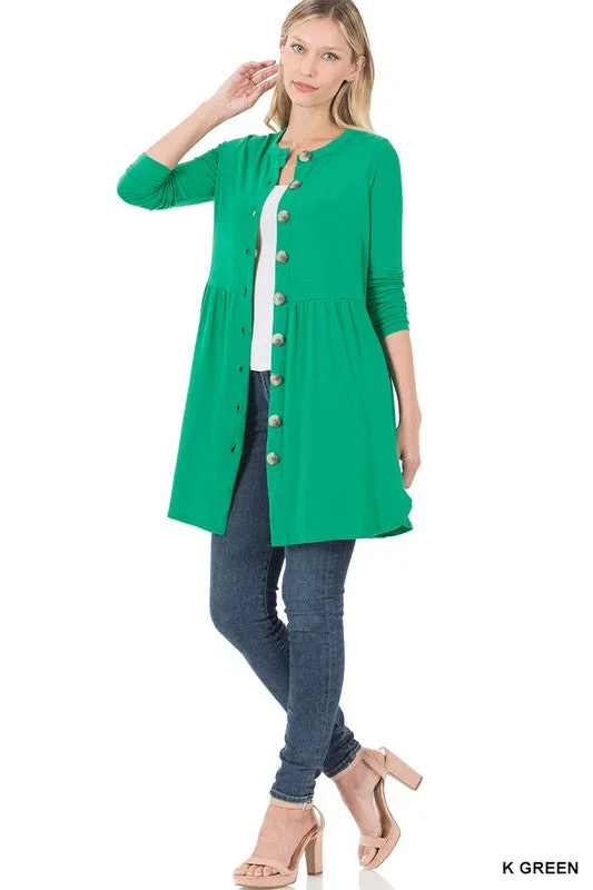 ZENANA Shirred Waist Buttoned Cardigan With Side Pockets