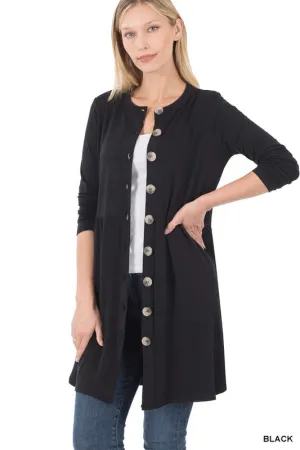 ZENANA Shirred Waist Buttoned Cardigan With Side Pockets