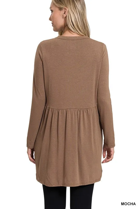 ZENANA Shirred Waist Buttoned Cardigan With Side Pockets